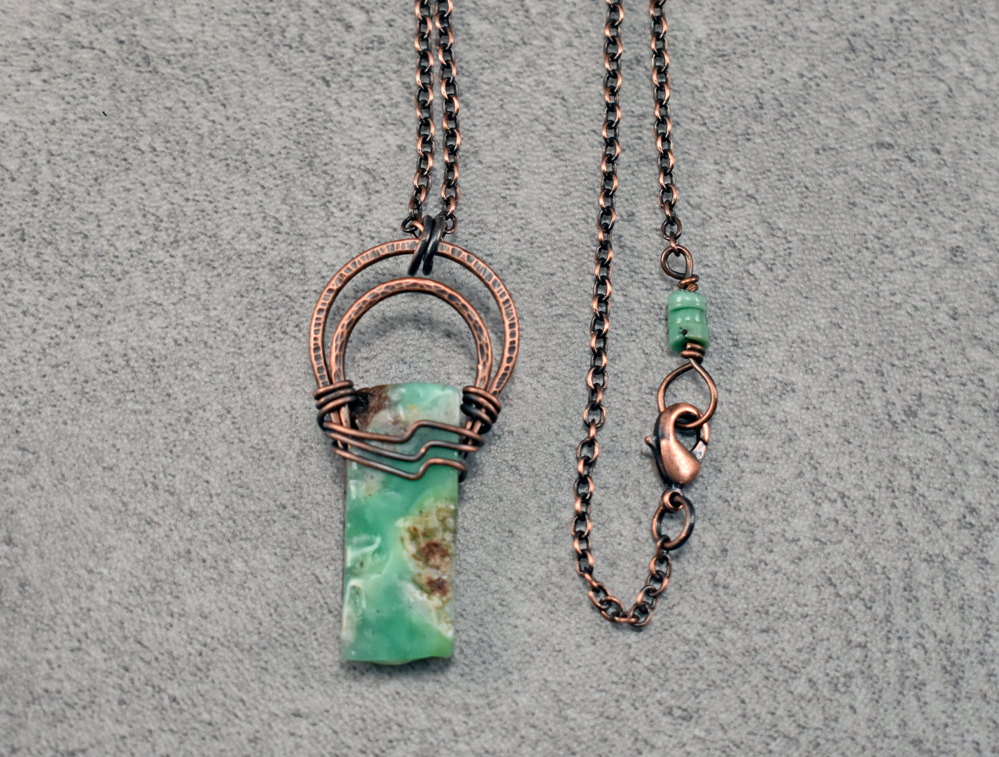Chrysoprase and Copper Necklace, Natural Green Stone Pendant, Rustic Handmade Jewelry