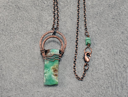 Chrysoprase and Copper Necklace, Natural Green Stone Pendant, Rustic Handmade Jewelry