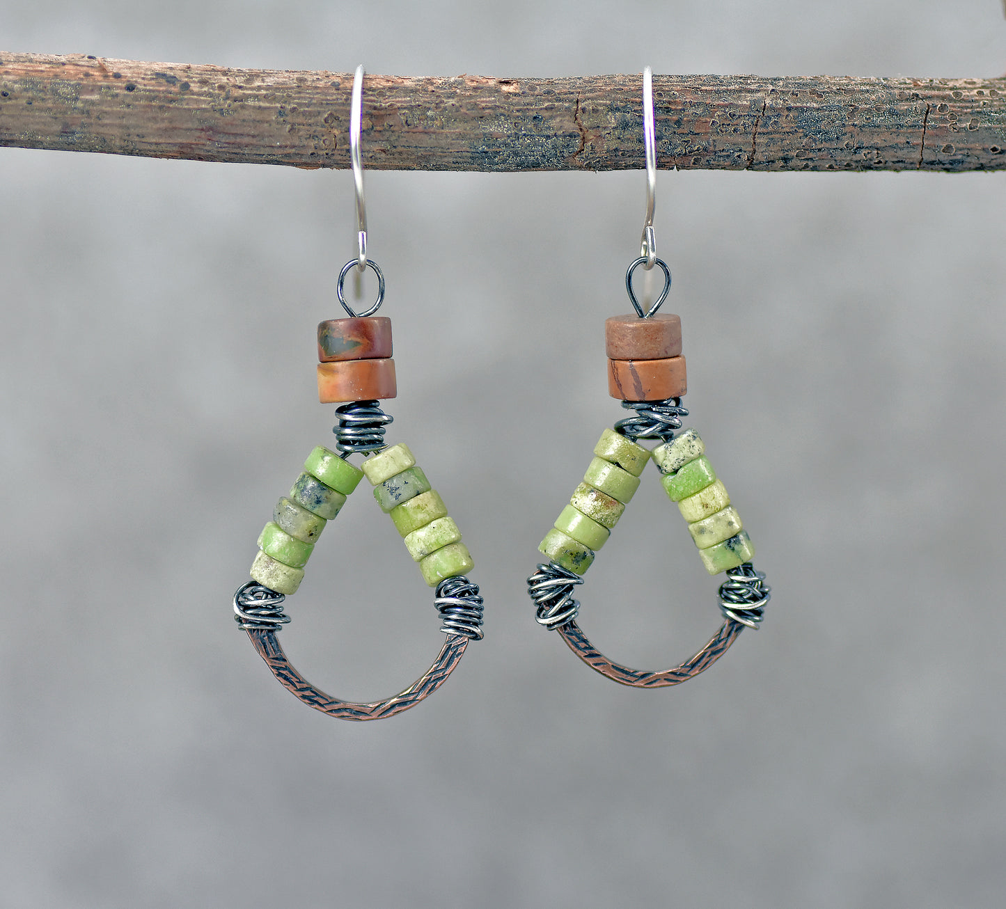 Lemon Chrysoprase, Jasper and Mixed Metal Dangle Earrings, Handmade Colorful Jewelry