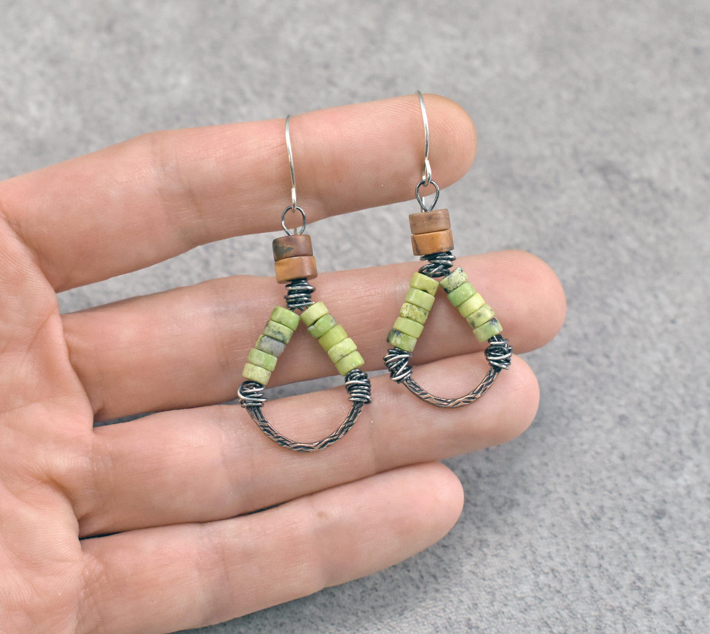 Lemon Chrysoprase, Jasper and Mixed Metal Dangle Earrings, Handmade Colorful Jewelry