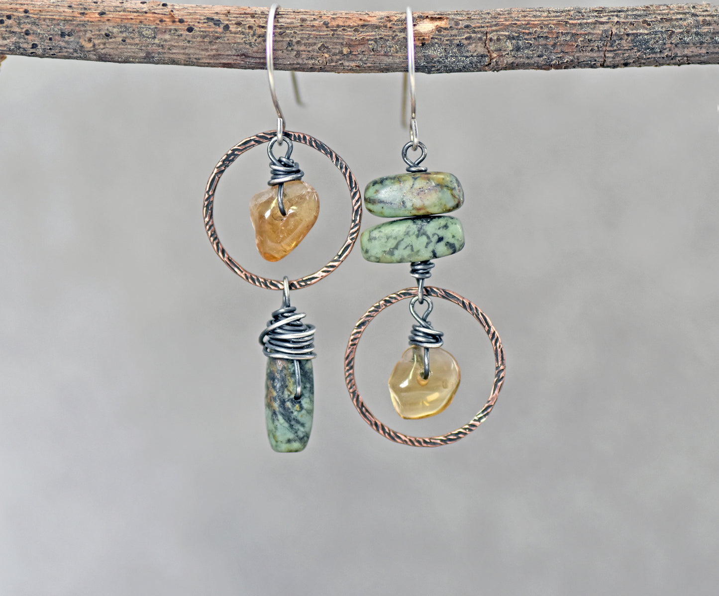 African Turquoise and Citrine Asymmetrical Earrings, Rustic Mixed Metal Copper Green and Yellow Circle Jewelry