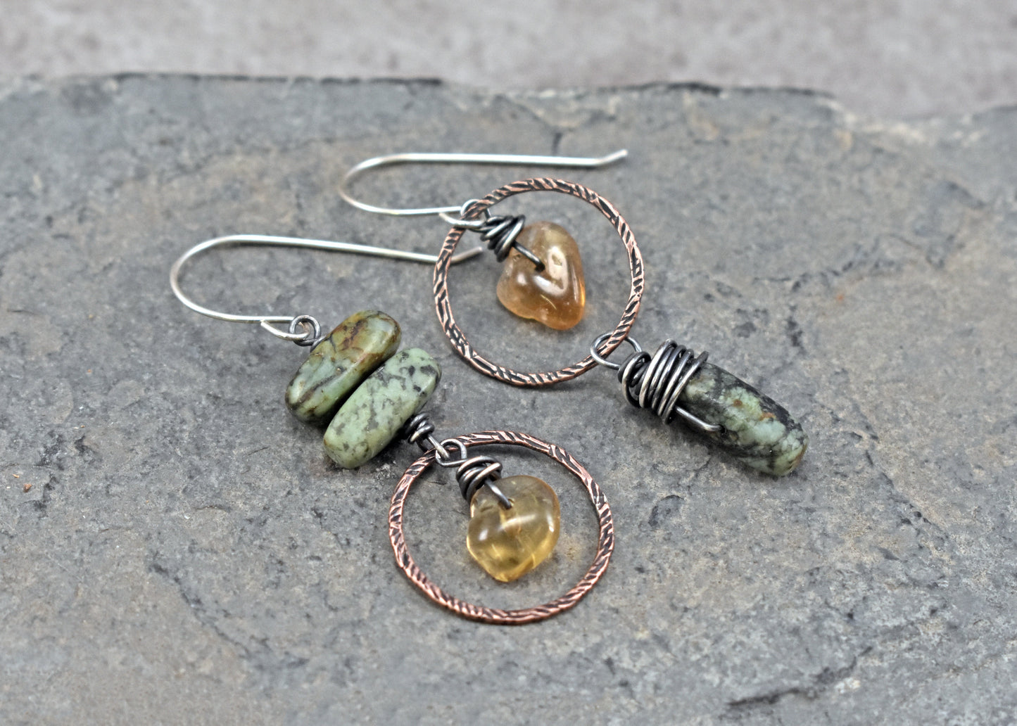 African Turquoise and Citrine Asymmetrical Earrings, Rustic Mixed Metal Copper Green and Yellow Circle Jewelry