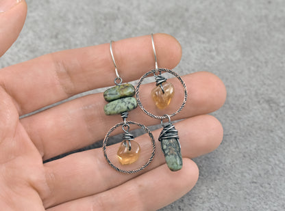 African Turquoise and Citrine Asymmetrical Earrings, Rustic Mixed Metal Copper Green and Yellow Circle Jewelry