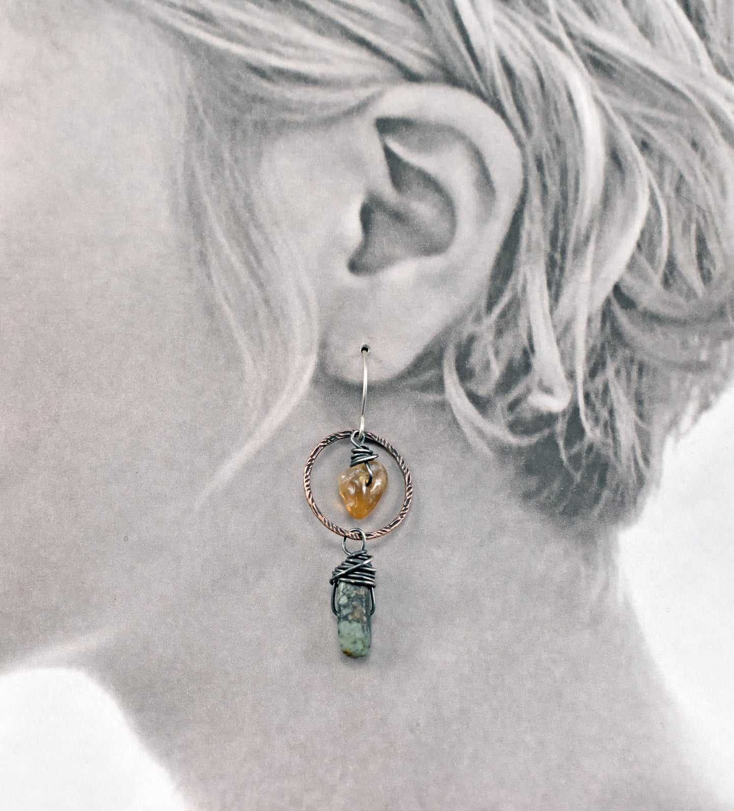 African Turquoise and Citrine Asymmetrical Earrings, Rustic Mixed Metal Copper Green and Yellow Circle Jewelry