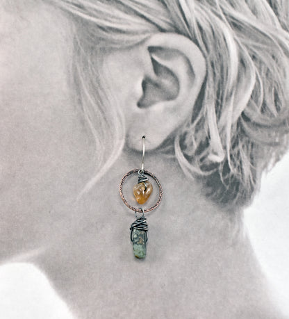 African Turquoise and Citrine Asymmetrical Earrings, Rustic Mixed Metal Copper Green and Yellow Circle Jewelry