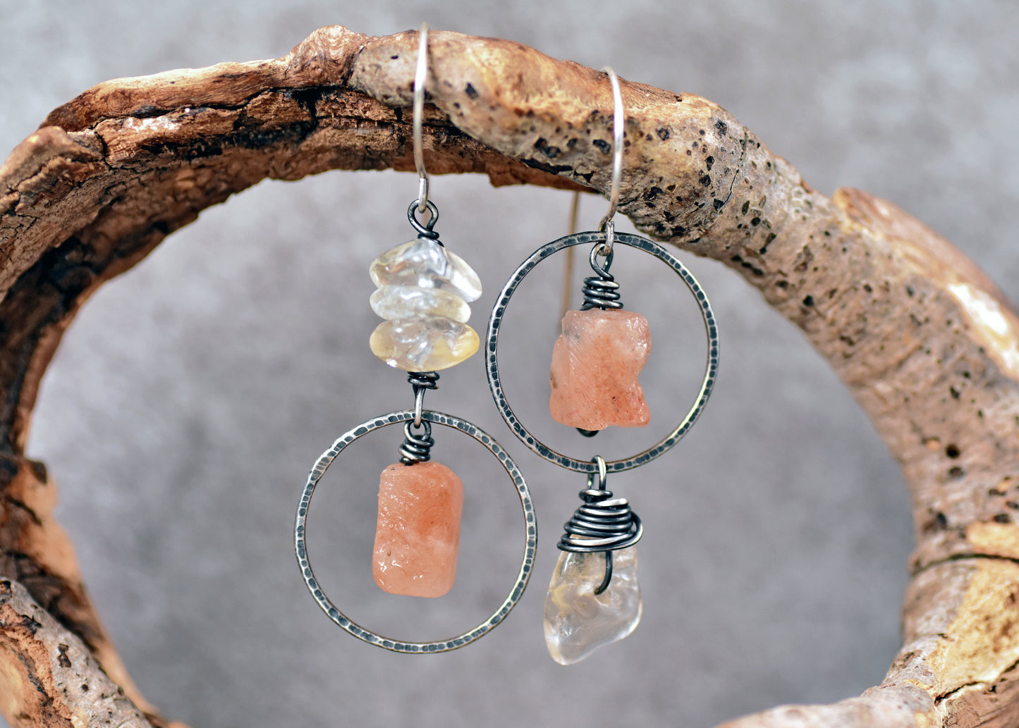 Raw Sunstone and Citrine Asymmetrical Sterling Silver Earrings, Orange and Yellow Artisan Jewelry