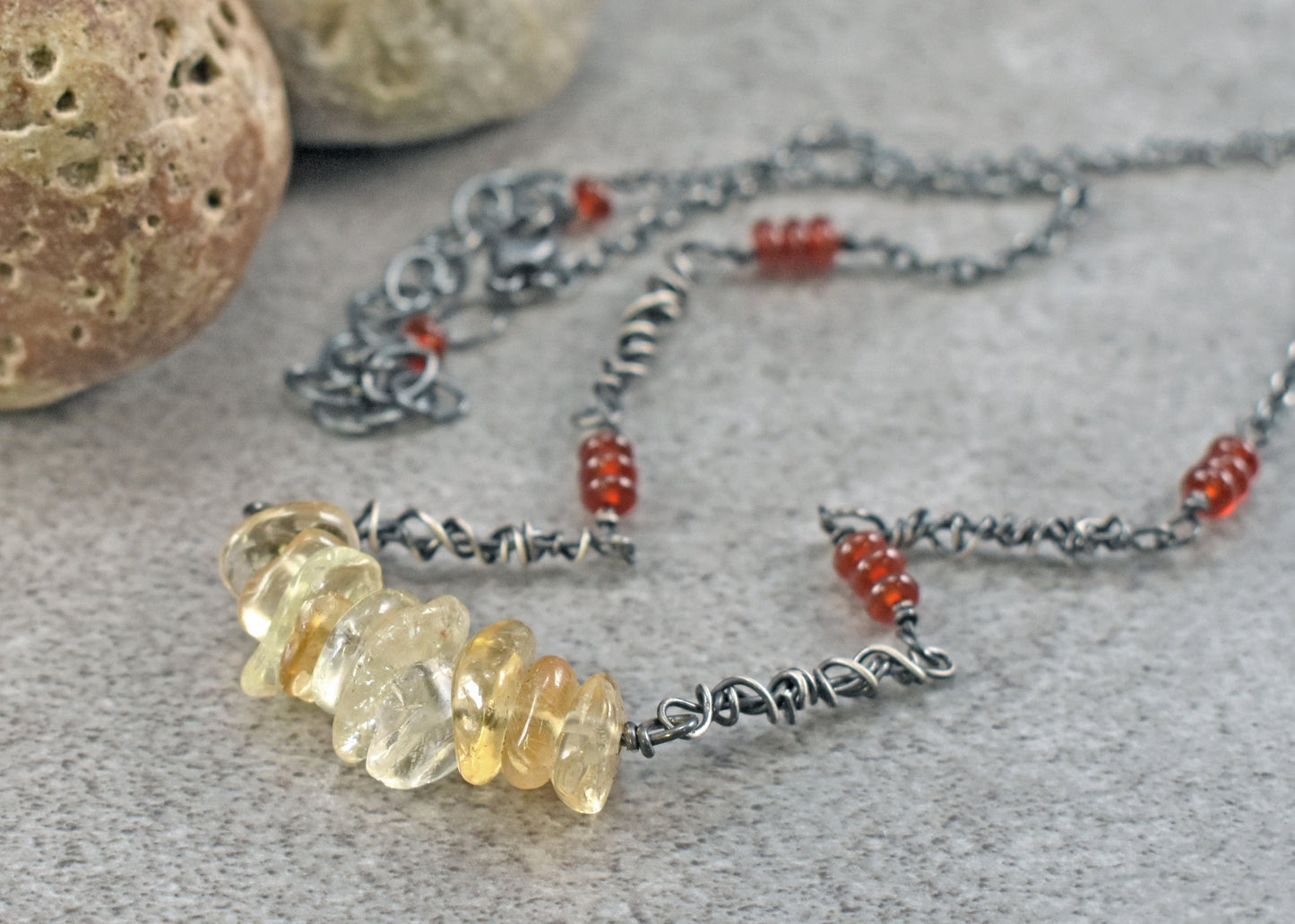 Citrine and Carnelian Sterling Silver Necklace, Natural Yellow and Red Gemstone, Unique Rustic Oxidized Jewelry