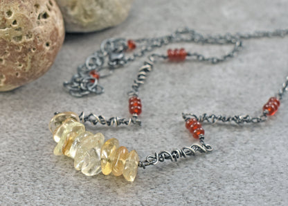Citrine and Carnelian Sterling Silver Necklace, Natural Yellow and Red Gemstone, Unique Rustic Oxidized Jewelry