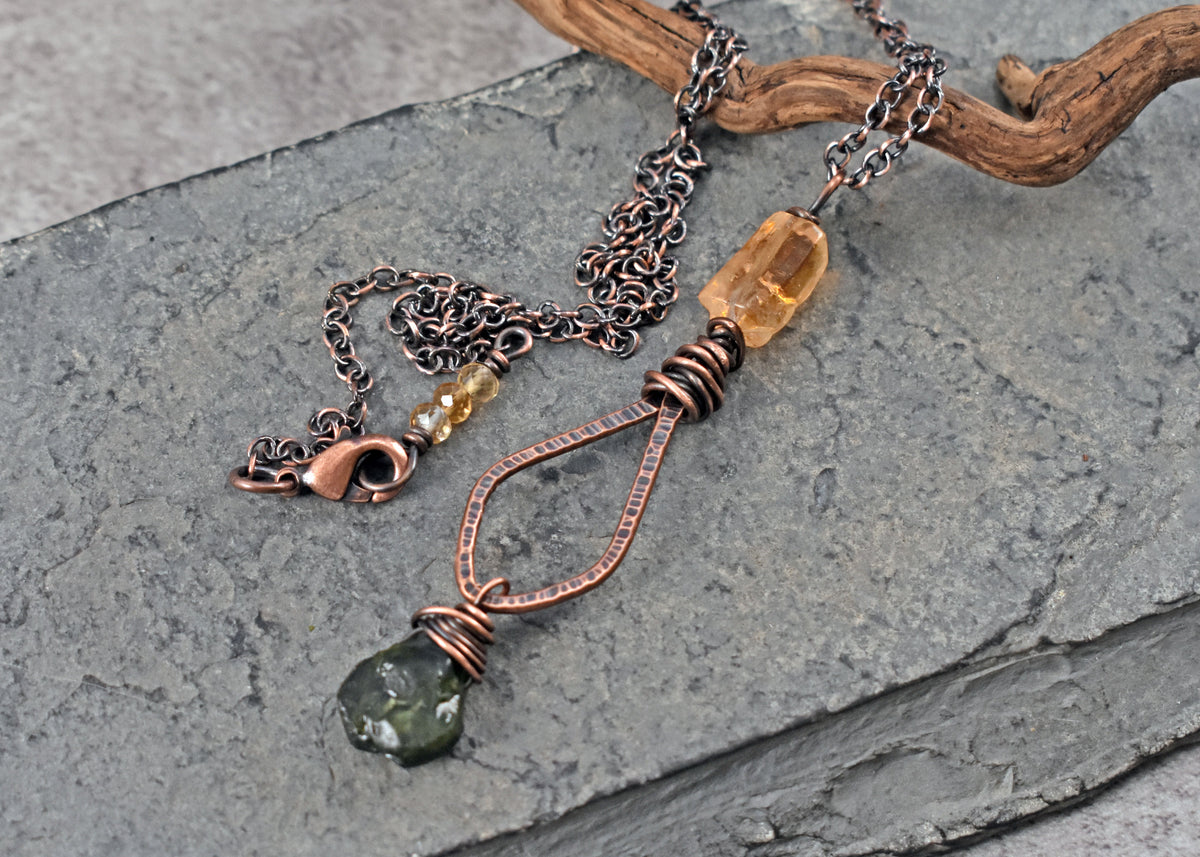 Long Citrine, Chrome Diopside and Copper Necklace, Natural Yellow and Green Stone Pendant, Unique Handmade Jewelry