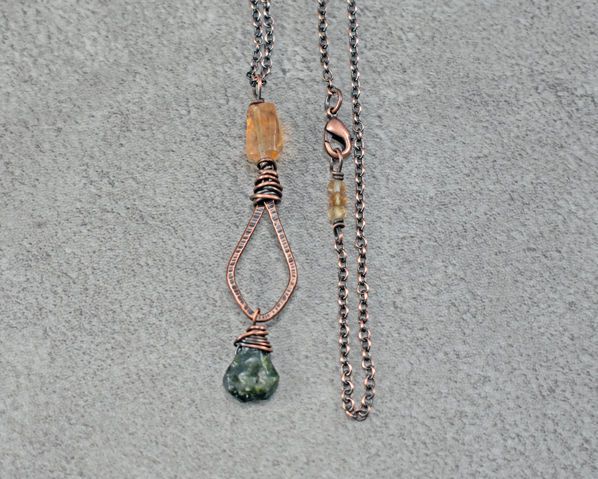 Long Citrine, Chrome Diopside and Copper Necklace, Natural Yellow and Green Stone Pendant, Unique Handmade Jewelry