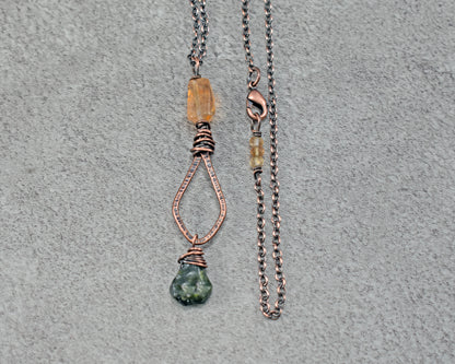 Long Citrine, Chrome Diopside and Copper Necklace, Natural Yellow and Green Stone Pendant, Unique Handmade Jewelry
