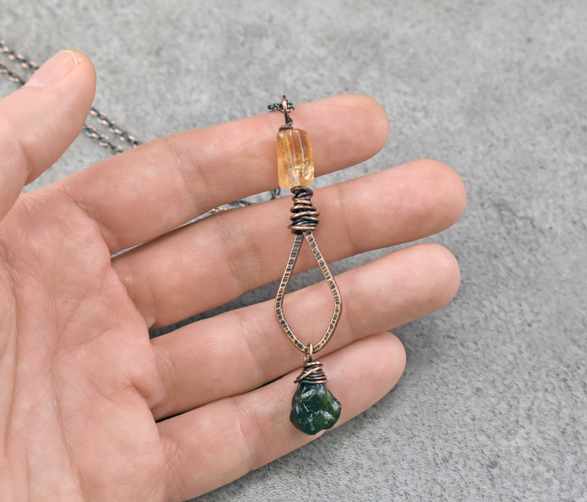 Long Citrine, Chrome Diopside and Copper Necklace, Natural Yellow and Green Stone Pendant, Unique Handmade Jewelry