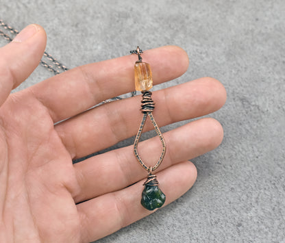 Long Citrine, Chrome Diopside and Copper Necklace, Natural Yellow and Green Stone Pendant, Unique Handmade Jewelry