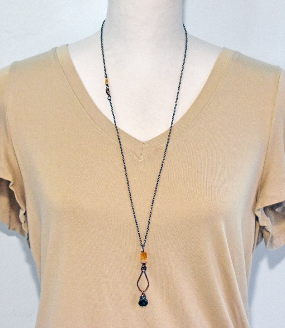 Long Citrine, Chrome Diopside and Copper Necklace, Natural Yellow and Green Stone Pendant, Unique Handmade Jewelry