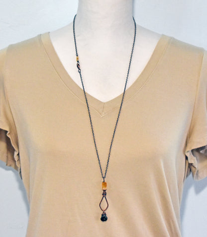 Long Citrine, Chrome Diopside and Copper Necklace, Natural Yellow and Green Stone Pendant, Unique Handmade Jewelry