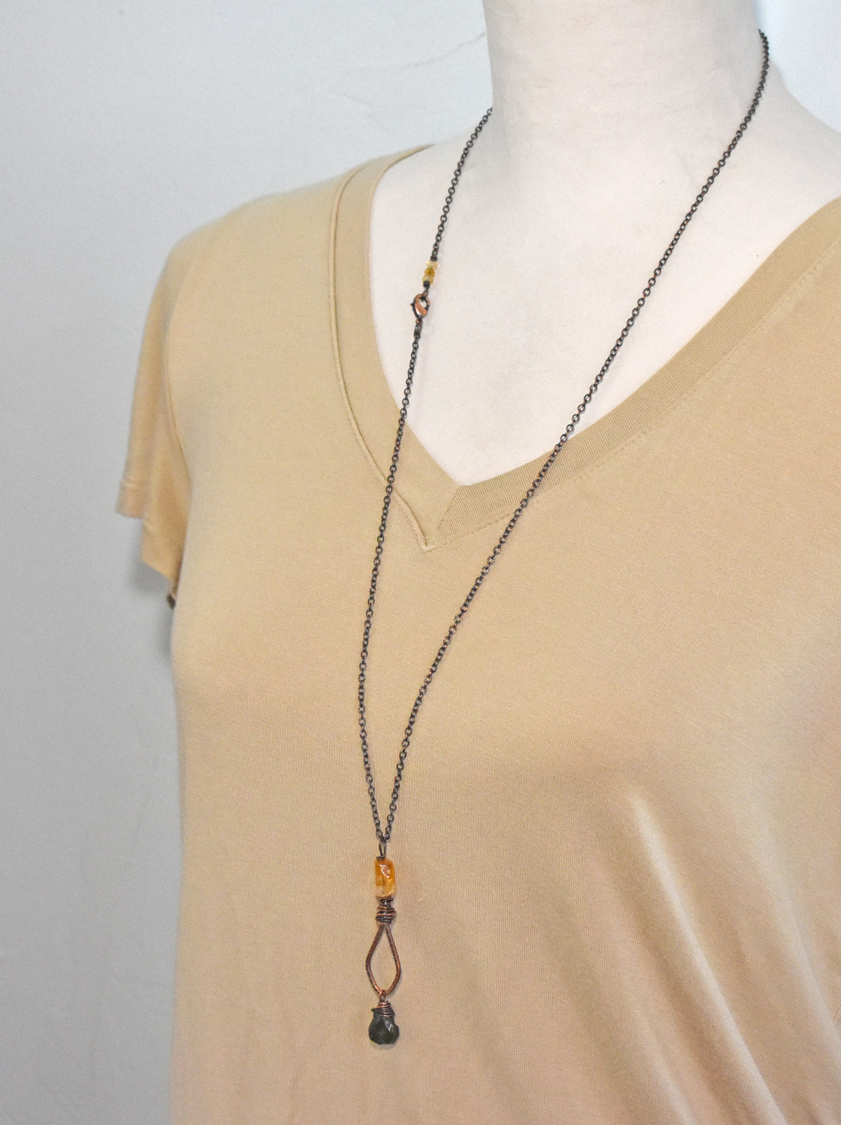Long Citrine, Chrome Diopside and Copper Necklace, Natural Yellow and Green Stone Pendant, Unique Handmade Jewelry