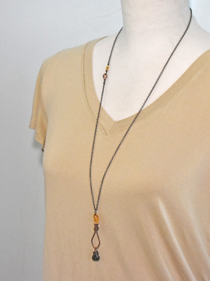 Long Citrine, Chrome Diopside and Copper Necklace, Natural Yellow and Green Stone Pendant, Unique Handmade Jewelry