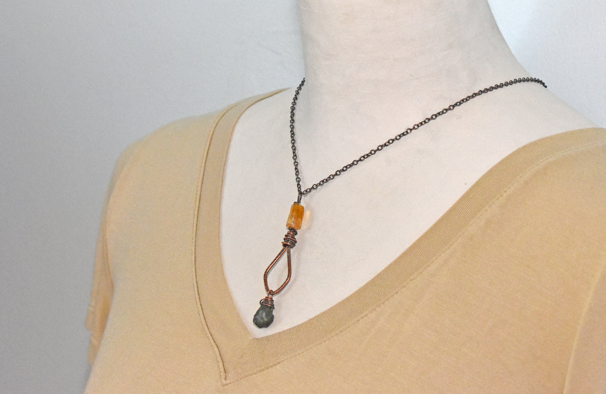 Long Citrine, Chrome Diopside and Copper Necklace, Natural Yellow and Green Stone Pendant, Unique Handmade Jewelry