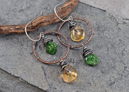 Chrome Diopside and Citrine Asymmetrical Earrings, Rustic Mixed Metal Copper Green and Yellow Stone Jewelry