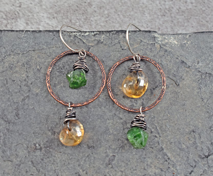 Chrome Diopside and Citrine Asymmetrical Earrings, Rustic Mixed Metal Copper Green and Yellow Stone Jewelry