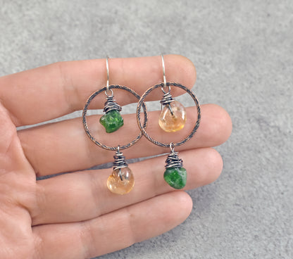 Chrome Diopside and Citrine Asymmetrical Earrings, Rustic Mixed Metal Copper Green and Yellow Stone Jewelry