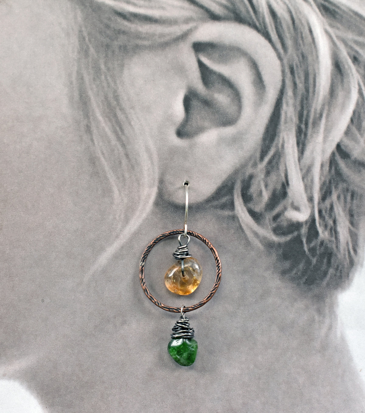 Chrome Diopside and Citrine Asymmetrical Earrings, Rustic Mixed Metal Copper Green and Yellow Stone Jewelry