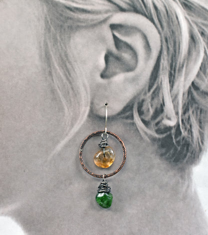 Chrome Diopside and Citrine Asymmetrical Earrings, Rustic Mixed Metal Copper Green and Yellow Stone Jewelry