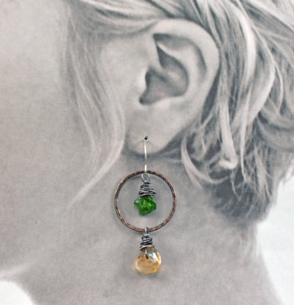 Chrome Diopside and Citrine Asymmetrical Earrings, Rustic Mixed Metal Copper Green and Yellow Stone Jewelry