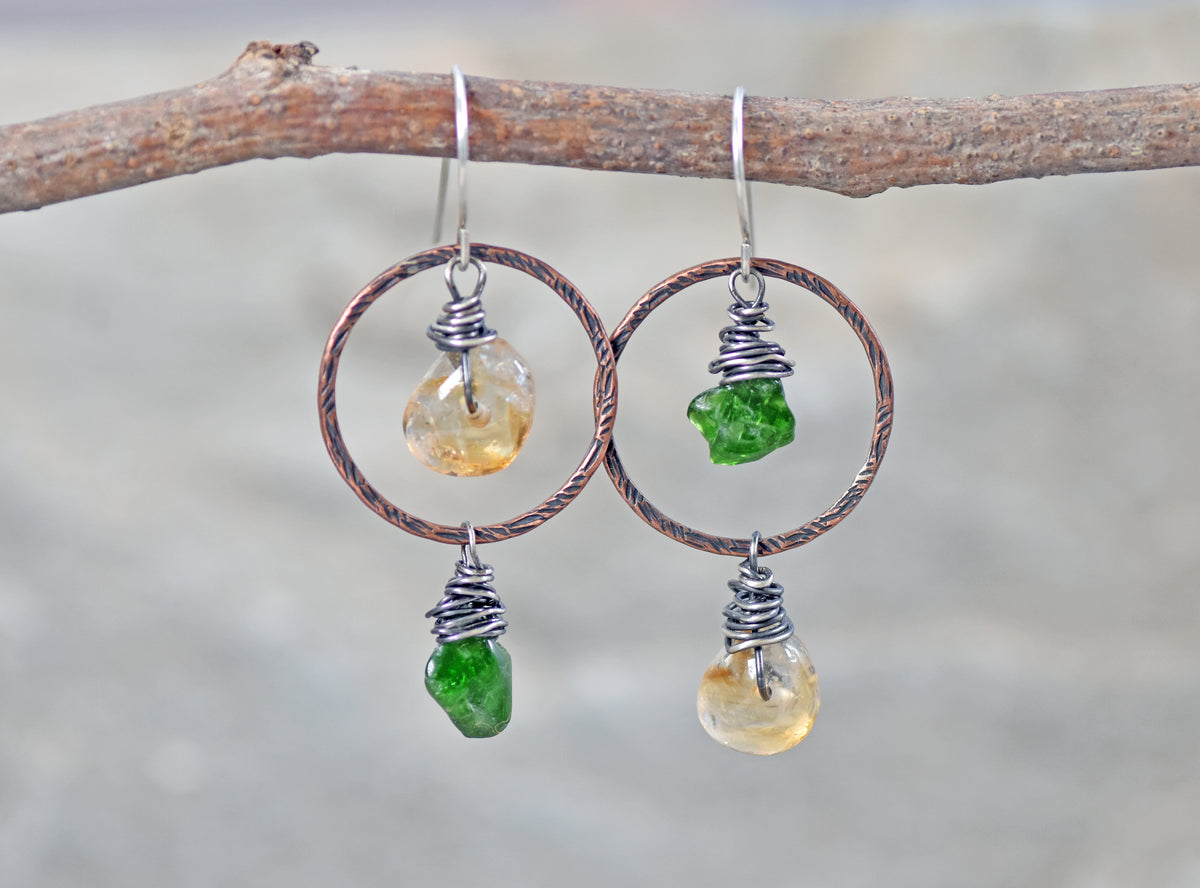 Chrome Diopside and Citrine Asymmetrical Earrings, Rustic Mixed Metal Copper Green and Yellow Stone Jewelry