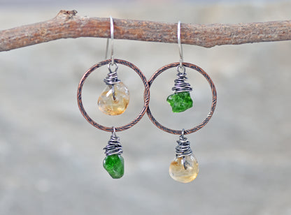 Chrome Diopside and Citrine Asymmetrical Earrings, Rustic Mixed Metal Copper Green and Yellow Stone Jewelry