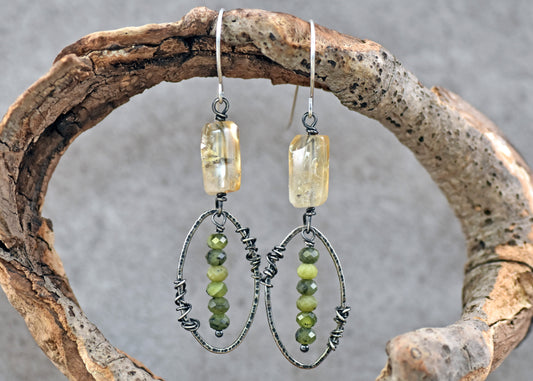 Citrine, Canadian Jade and Sterling Silver Wire Earrings, Rustic Handmade Metalsmith Jewelry