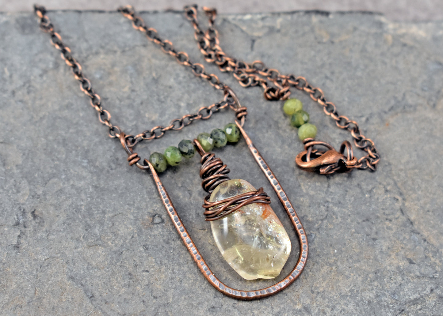 Citrine, Jade and Copper Necklace, Natural Yellow and Green Stone Pendant, Unique Handmade Jewelry