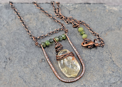 Citrine, Jade and Copper Necklace, Natural Yellow and Green Stone Pendant, Unique Handmade Jewelry