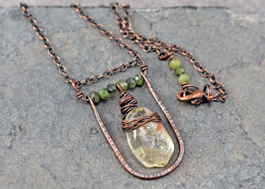 Citrine, Jade and Copper Necklace, Natural Yellow and Green Stone Pendant, Unique Handmade Jewelry