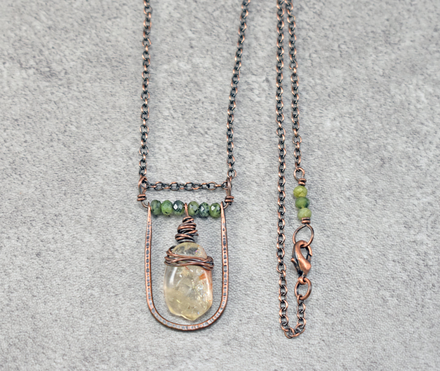 Citrine, Jade and Copper Necklace, Natural Yellow and Green Stone Pendant, Unique Handmade Jewelry