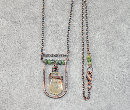 Citrine, Jade and Copper Necklace, Natural Yellow and Green Stone Pendant, Unique Handmade Jewelry