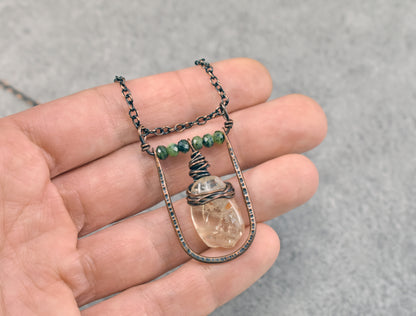Citrine, Jade and Copper Necklace, Natural Yellow and Green Stone Pendant, Unique Handmade Jewelry