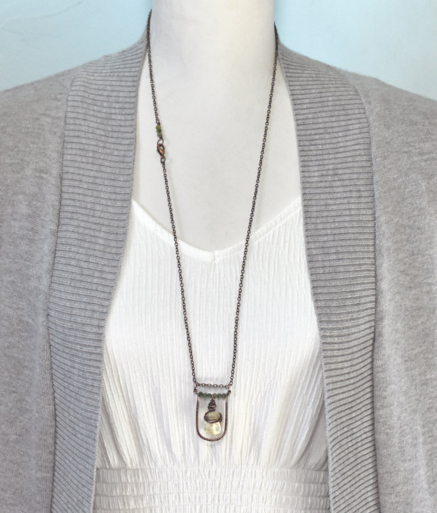 Citrine, Jade and Copper Necklace, Natural Yellow and Green Stone Pendant, Unique Handmade Jewelry