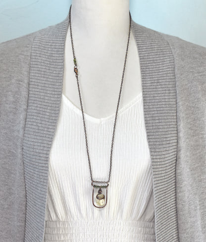 Citrine, Jade and Copper Necklace, Natural Yellow and Green Stone Pendant, Unique Handmade Jewelry