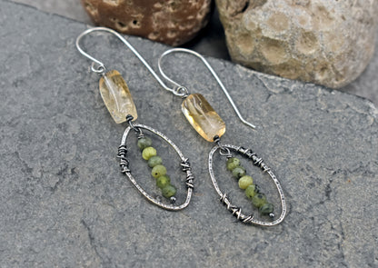 Citrine, Canadian Jade and Sterling Silver Wire Earrings, Rustic Handmade Metalsmith Jewelry