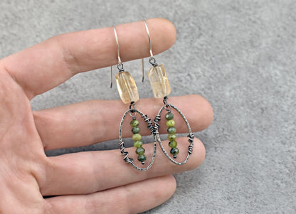 Citrine, Canadian Jade and Sterling Silver Wire Earrings, Rustic Handmade Metalsmith Jewelry