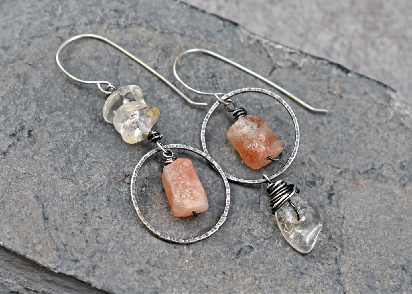 Raw Sunstone and Citrine Asymmetrical Sterling Silver Earrings, Orange and Yellow Artisan Jewelry