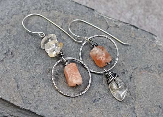 Raw Sunstone and Citrine Asymmetrical Sterling Silver Earrings, Orange and Yellow Artisan Jewelry