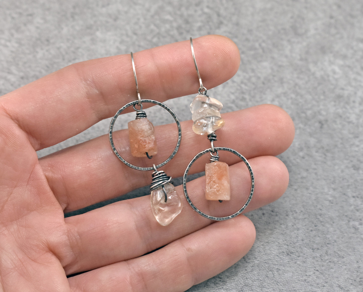 Raw Sunstone and Citrine Asymmetrical Sterling Silver Earrings, Orange and Yellow Artisan Jewelry