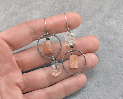 Raw Sunstone and Citrine Asymmetrical Sterling Silver Earrings, Orange and Yellow Artisan Jewelry