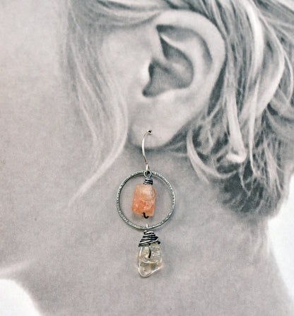 Raw Sunstone and Citrine Asymmetrical Sterling Silver Earrings, Orange and Yellow Artisan Jewelry