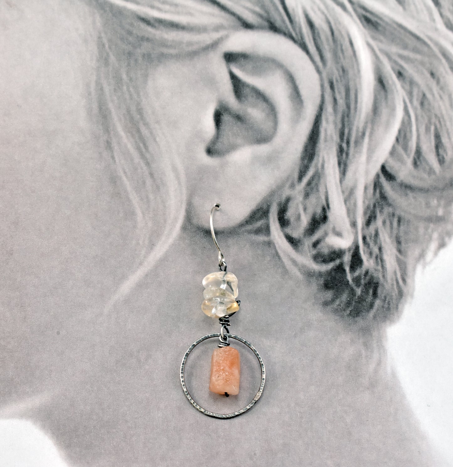 Raw Sunstone and Citrine Asymmetrical Sterling Silver Earrings, Orange and Yellow Artisan Jewelry