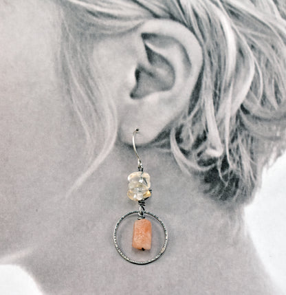 Raw Sunstone and Citrine Asymmetrical Sterling Silver Earrings, Orange and Yellow Artisan Jewelry