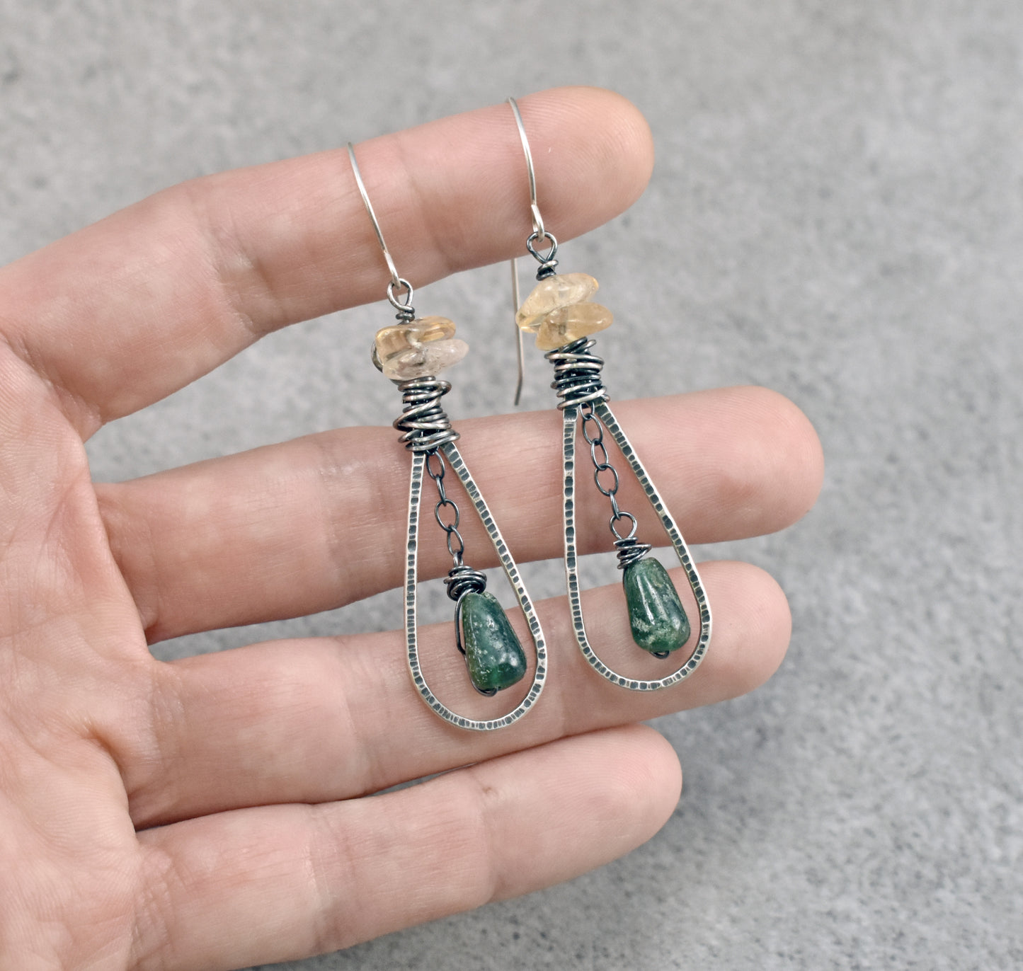 Citrine, Aventurine and Sterling Silver Earrings, Dark Green and Yellow Gemstone Dangles