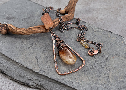 Citrine, Sunstone and Copper Necklace, Natural Yellow and Orange Stone Pendant, Rustic Handmade Jewelry